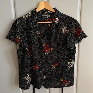 Black Blouse with White and Red Flowers